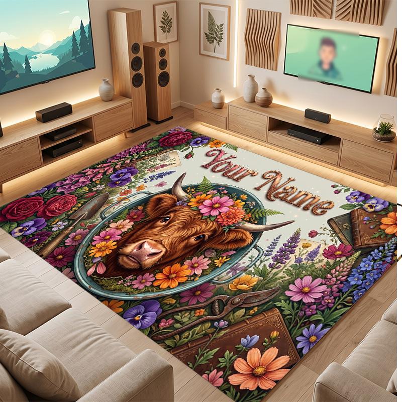 Highland Cow Theme Soft Crystal Velvet Rug Custom Name & Text Print Non Slip Floor Rug for Bedroom Living Room