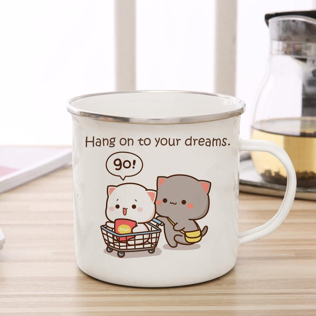 New Peach and Goma Cat Enamel Coffee Tea Cup Cute Animal Breakfast Dessert Milk Water Cup Couple Gift Original Breakfast Cups