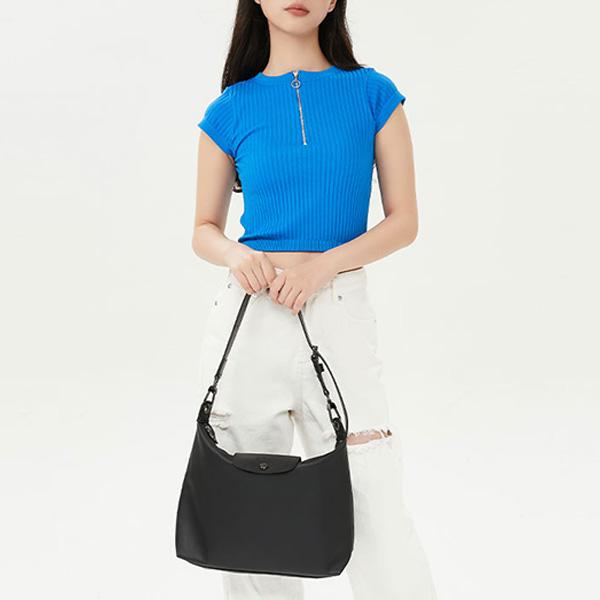 Longchamp Le Pliage Xtra 32 Snap Zipper Leather Crescent Bag Women Handbags Black 10189987001