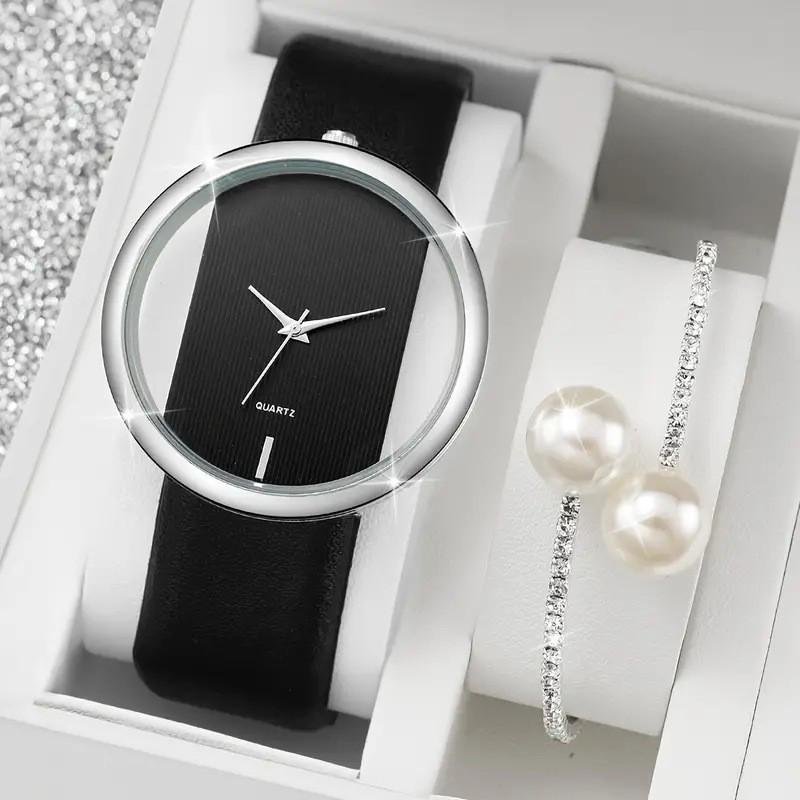 

Элегантный Прозрачный Кожаный Ремень Парные Кварцевые Часы с Полым Дизайном и Жемчужным Браслетом