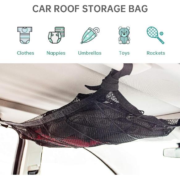 Kaskawise Car Ceiling Cargo Net Pocket,31"x21" Adjustable Double-Layer Mesh SUV Roof Organizer Long Trip Ceiling Storage Net,Car Camping Cargo Net