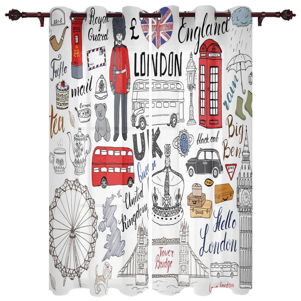 London Gebäude Roter Bus Fahrrad Bedruckte Vorhänge für Wohnzimmer Heimdeko Kinderzimmer Küche Fensterblenden Vorhänge Drapierungen