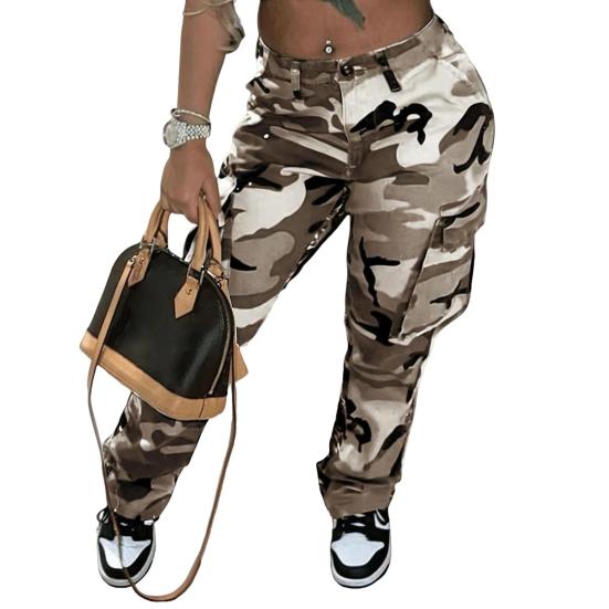 Dame Camo Print Cargobukser Høy Midje Vide Ben Baggy Streetwear Casual Kamuflasje Militærbukser med Lommer