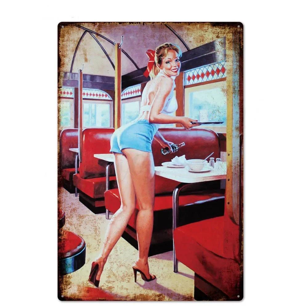 Vintage Pin Up Girl Tin Sign Plaque Sexy Retro Metal Wall Decor for Bar Pub Club Man Cave Classic Metal Sign Painting