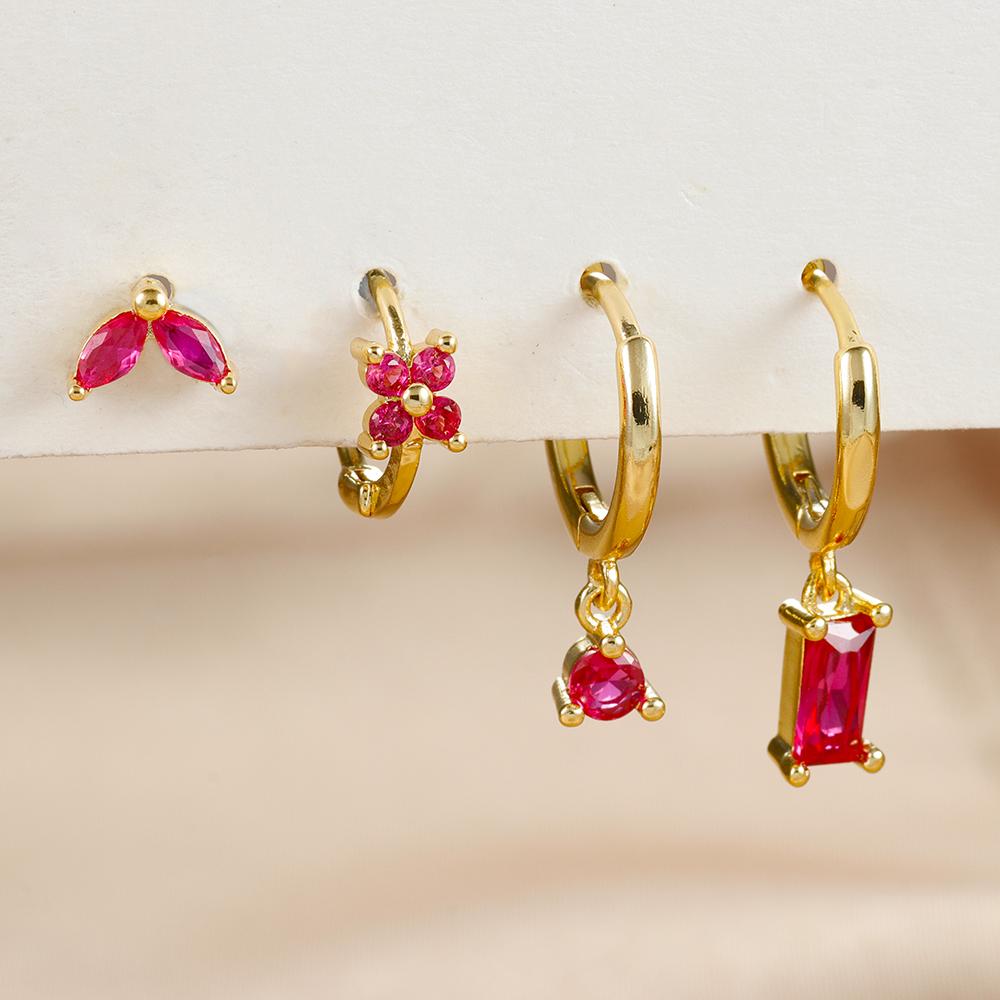 4PCS Fashion Green Crystal Zircon Stainless Steel Hoop Earrings Set For Women Daily Versatile Square Earring Piercing Jewelry