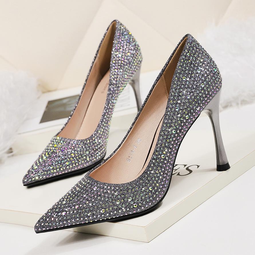 Fashion Point-toe Women's Sandals Nightclub Show Thin Stiletto Women's Single Shoes Rhinestone Sequin High-heeled Shoes