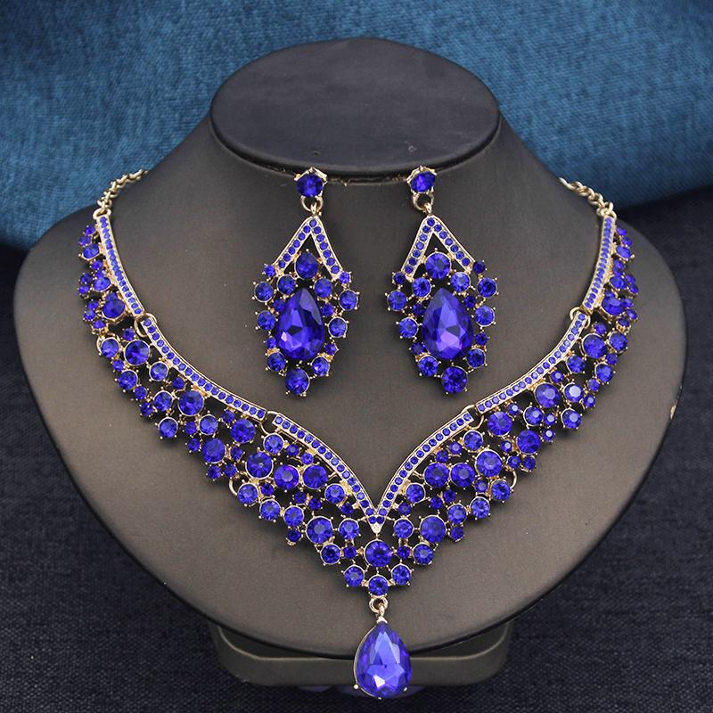 Elegant 2pcs Rhinestone Crystal Choker Necklace Sets for Women Fashion Jewelry Sets Bridal Wedding Dubai Necklace Earrings Set