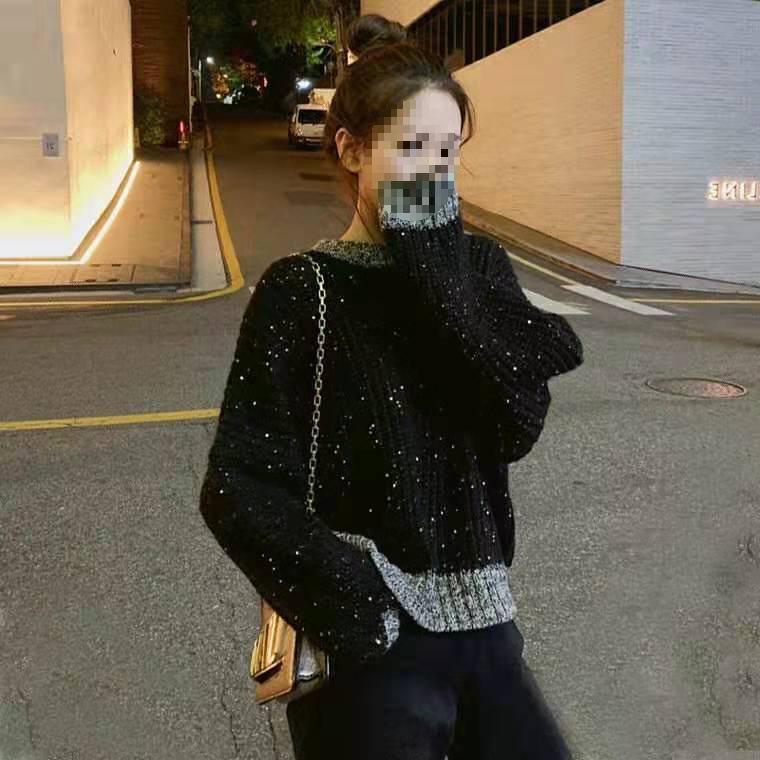 2025 Herbst/Winter Damen Hong Kong Stil Schwarzer Pailletten Locker Gestrickter Pullover - Vielseitige Lässige Passform