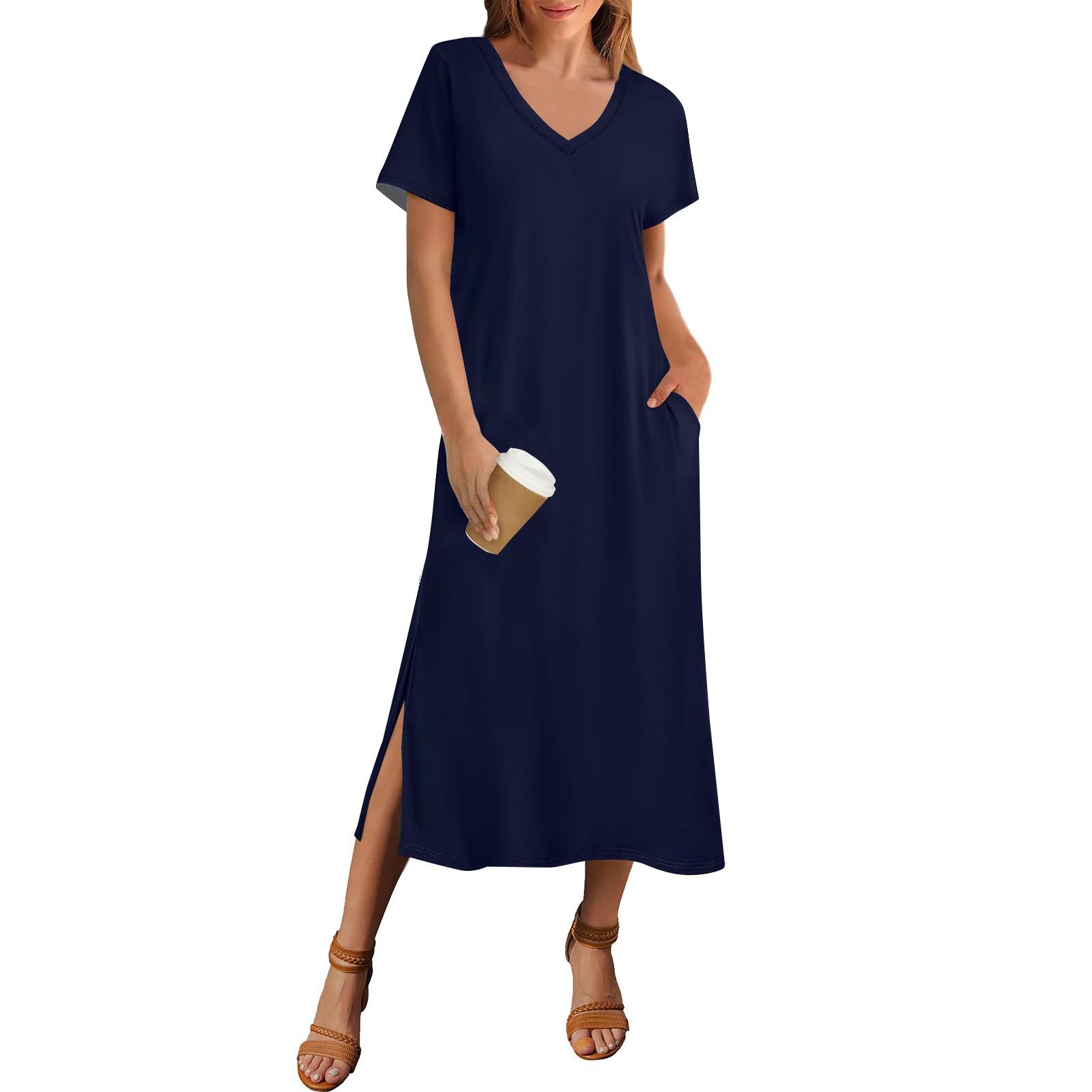 

Женское летнее однотонное платье с коротким рукавом, пляжное платье с карманом, повседневное платье с V-образным вырезом и боковыми разрезами M тёмно-синий