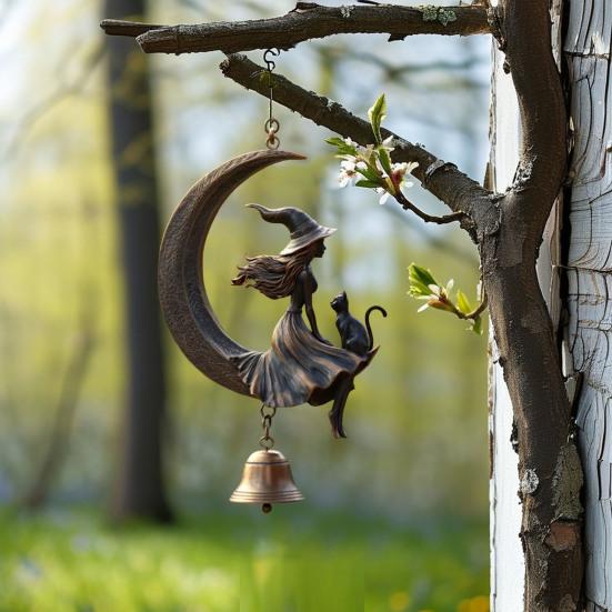 Witch Black Cat Moon Wind Chime Halloween Hanging Metal Wind Bell Ornament with Moon And Cat for Outside Patio Lawn Yard Pathway Garden Porch Decor