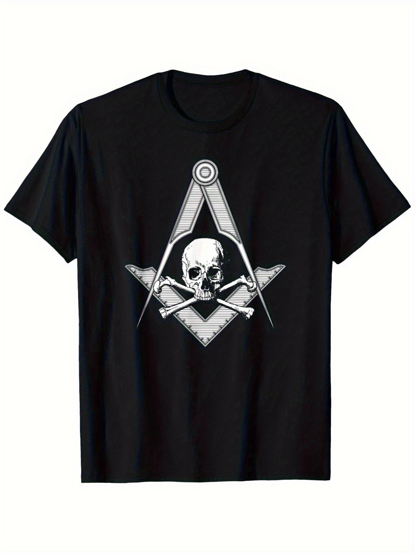Men S Freemason Master Mason Skull & Compasses Graphic T-Shirt | 100% Relaxed Fit Black Tee with White Masonic Symbol Print S