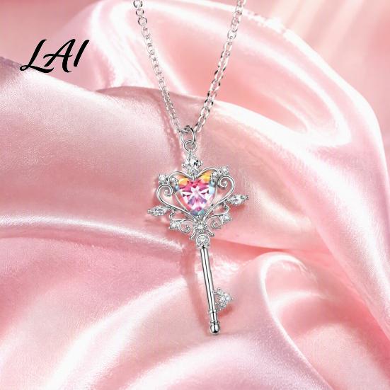 Key Pendant Necklace for Women Magic Necklace Pink Cubic Zirconia Heart Sparkling Rhinestone Sweet Fairy Jewelry Girls Versatile Alloy Chain