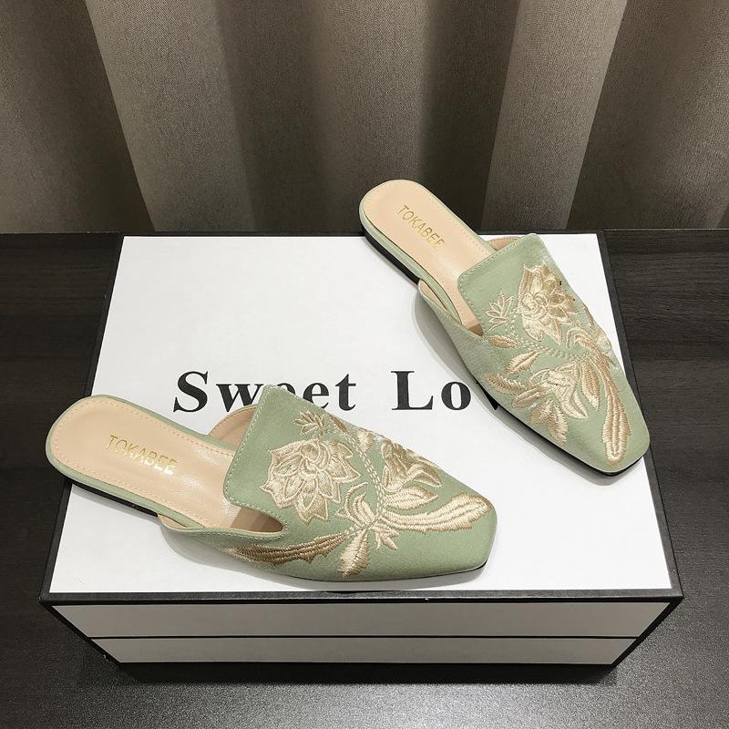 

Women s New Chinese Embroidery Baotou Half Slippers Outer Wear Spring and Summer Retro Versatile Flat Bottom Muller Half Toe 40 зелений