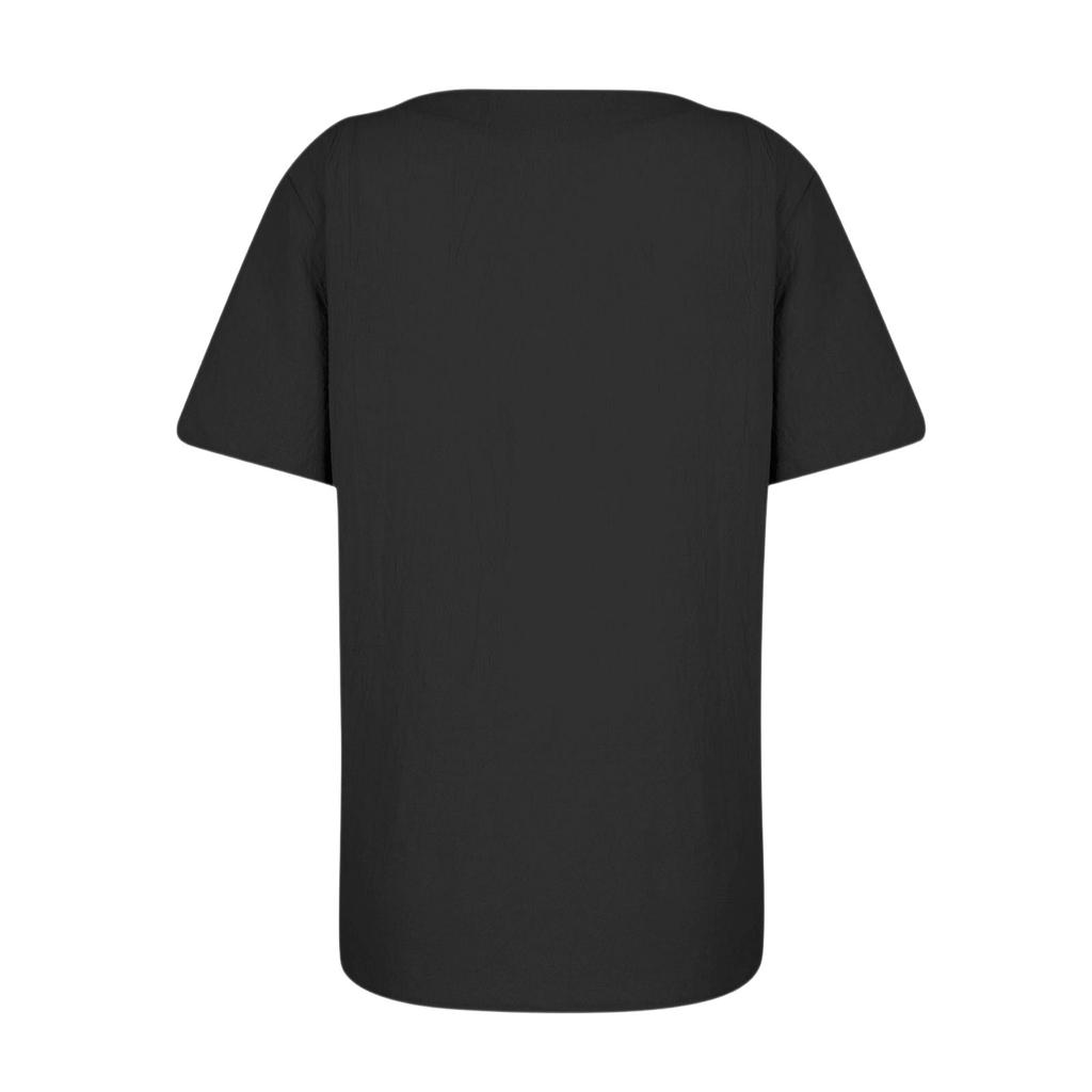 Women's Cotton Linen Round Neck Short Sleeve With Button Tops Printed T-shirt