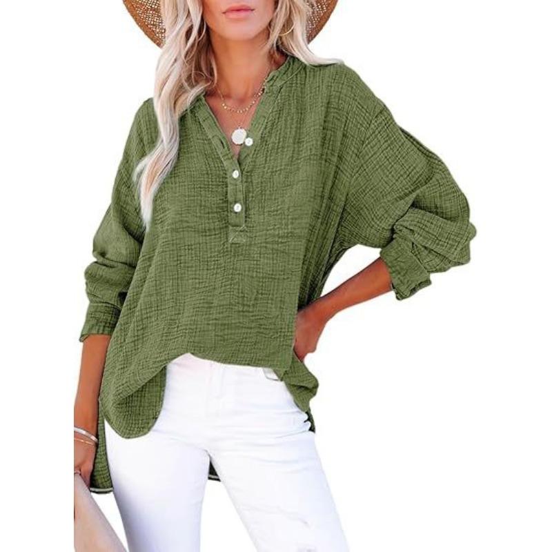 Fashionable Spring Autumn Pleated Button Long Sleeved Solid Color Top Women's Shirt Loose Pure Cotton Pullover Shirt