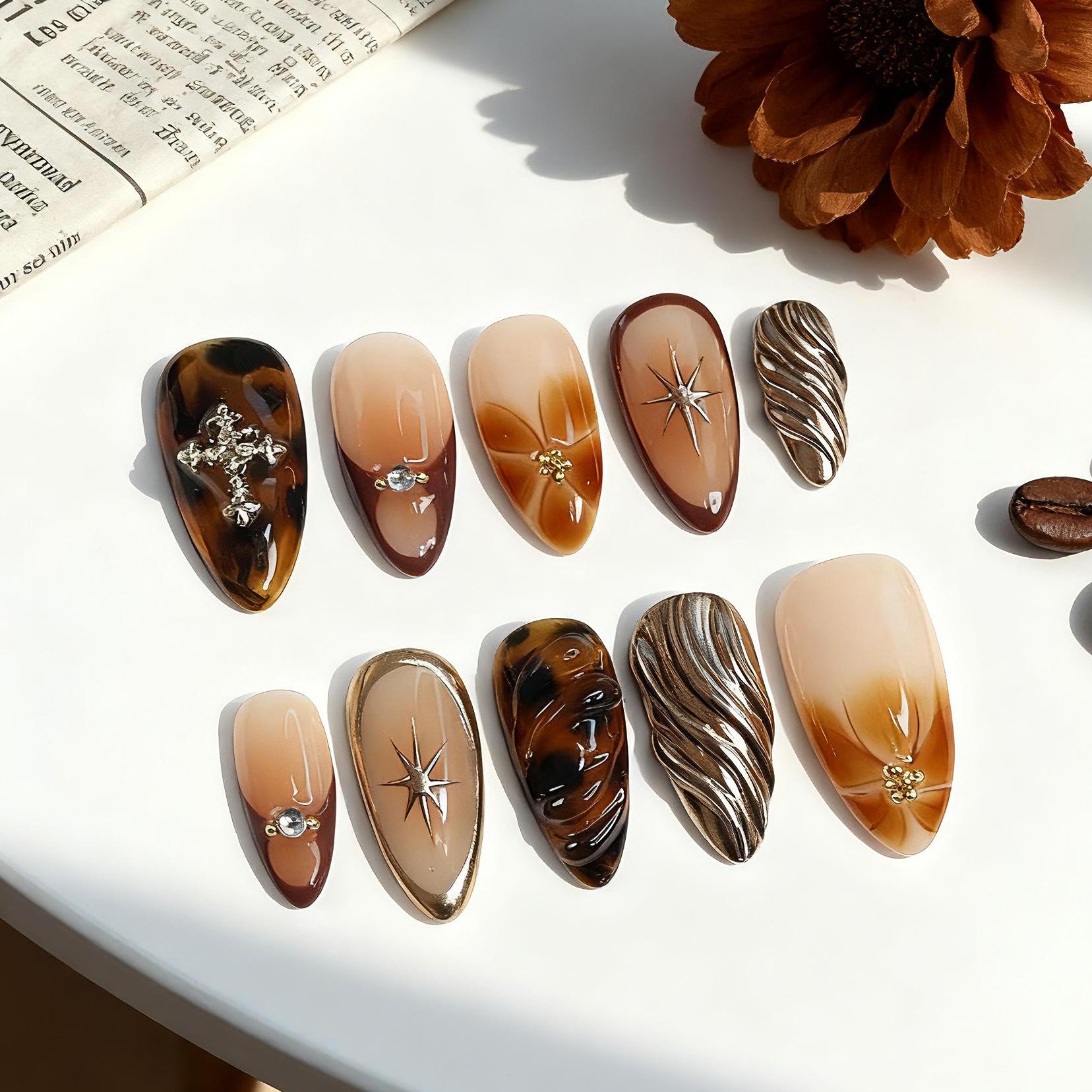 30 pieces of boutique almond boutique wearing nail 3D three-dimensional relief cross gilt flower nail art