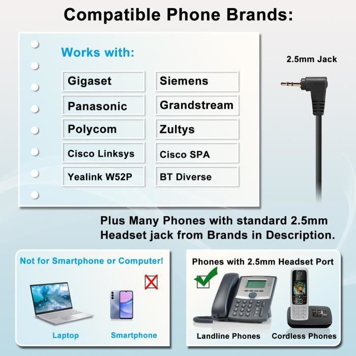 Casque téléphonique sans fil - Callez - W300D2-DE - Microphone antibruit - 2,5 mm - Noir