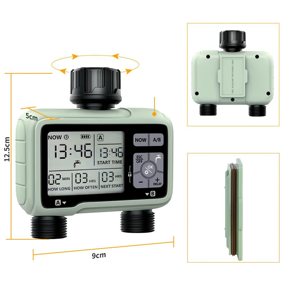 Shibaya Automatischer Bewässerungszeitschaltuhr mit Sprinkler 2-Pflanzen-Bewässerungssystem für Innen-Topfpflanzen, Automatisch, Kindersicher, Starkregen- und Manuell bewässerbarer Schlauch,