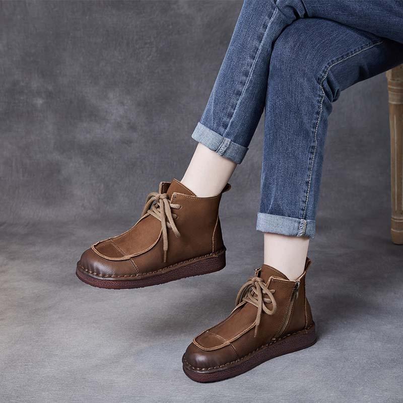 Johnature Genuine Leather Soft Soled Retro Women's Shoes Versatile Round Toe Lace Up Flat Ankle Boots