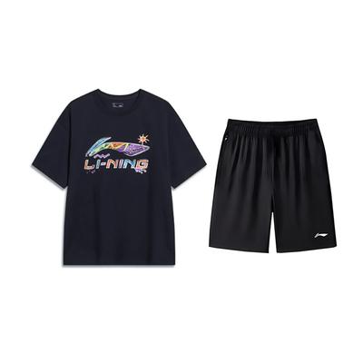 Li-Ning Camiseta com Gola Redonda e Manga Curta Estampa de Logo Pintada à Mão Shorts de Moda Vintage Americano Roupa Esportiva Casual AHSU745-1+AKSV843-1