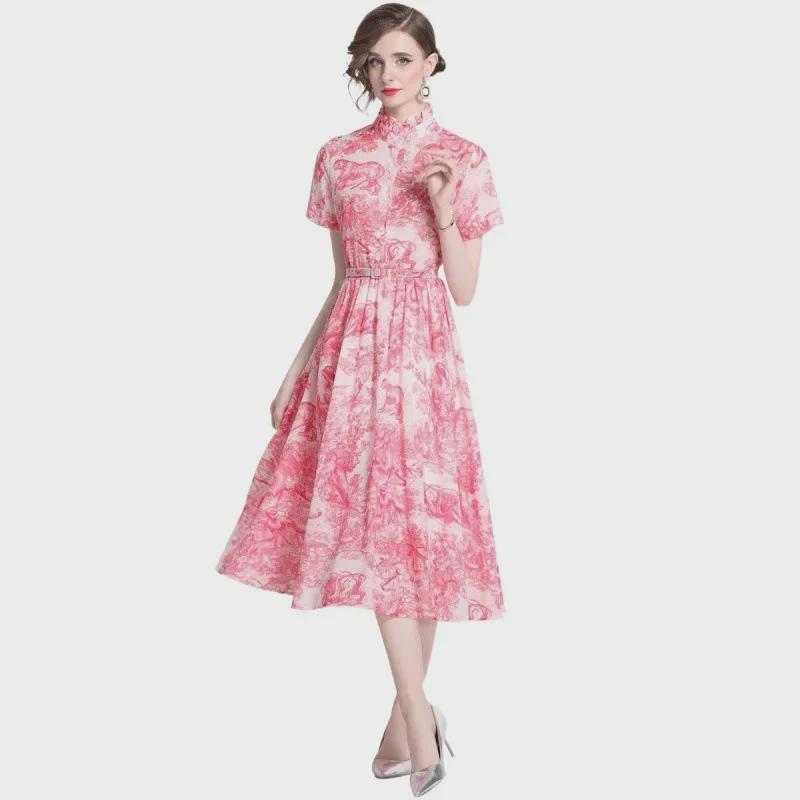 Butterfly Ink Print Slim Fit Swing Dress - Blue & White, Summer 2024