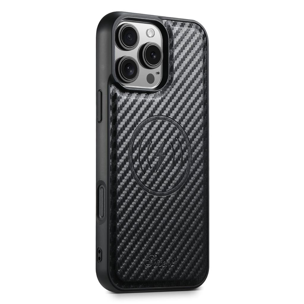 SUTENI H19 For iPhone 16 Pro Magnetic Case Carbon Fiber Texture Leather Back Cover with Card Bag