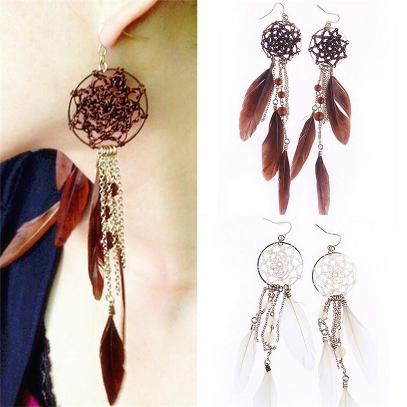 New Bohemia Ethnic Feather Beads Long Design Dream Catcher Earrings For Women