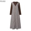 ZANZEA Women Casual Round Neck Long Sleeve Muslim Plaid Long Dress
