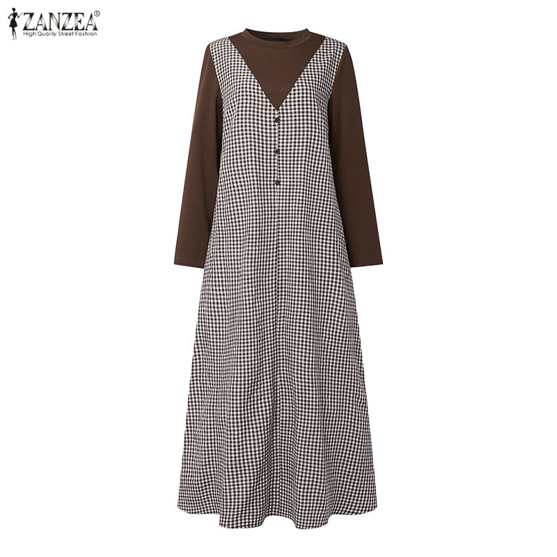 ZANZEA Women Casual Round Neck Long Sleeve Muslim Plaid Long Dress