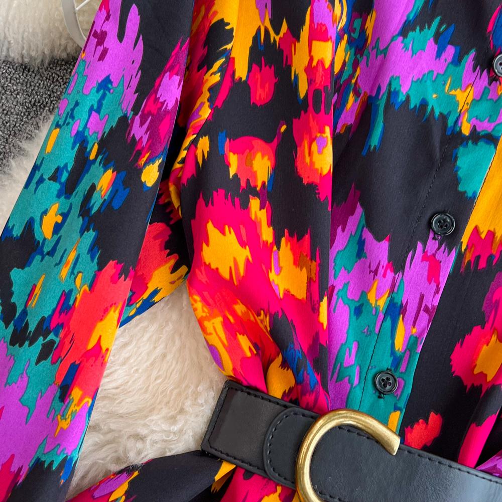 Nowa jesienna moda damska sukienka z kwiatowym nadrukiem skręcić w dół kołnierz z długim rękawem jednorzędowa linia w stylu vintage Midi sukienki imprezowe