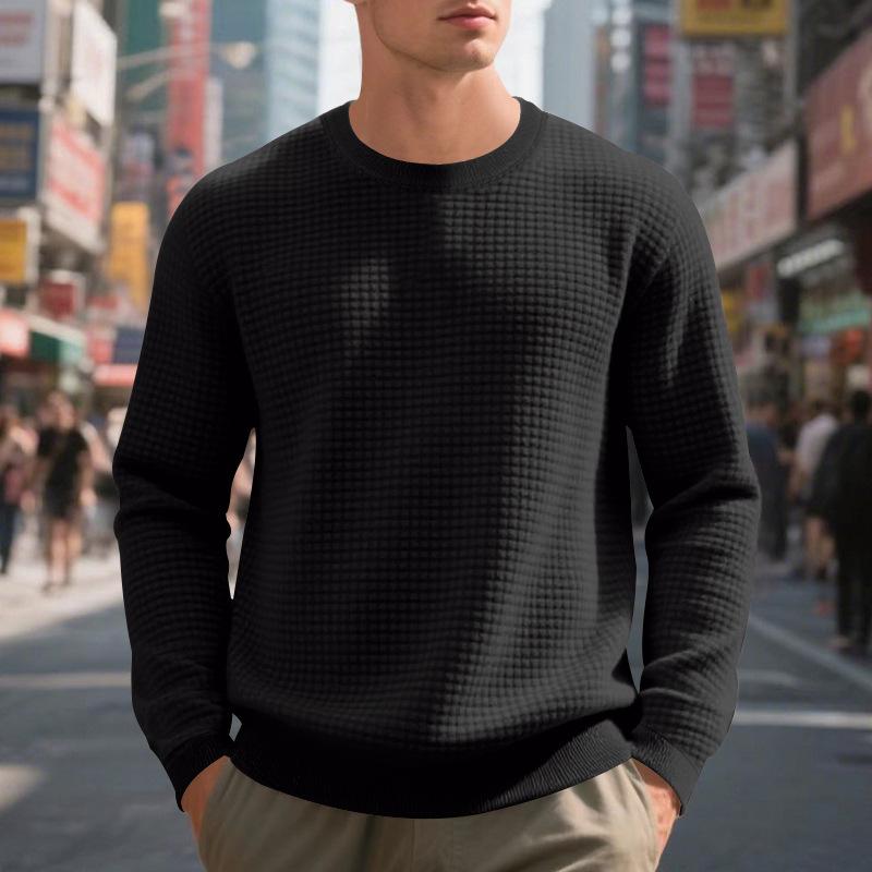 Loose-fit casual men's minimalist sports jacquard small check round-neck long-sleeved sweatshirt