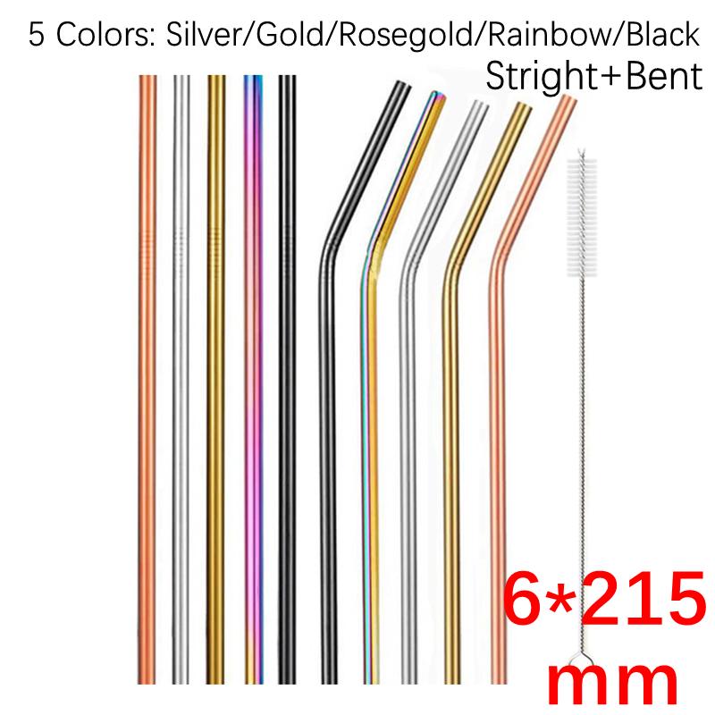 12x215mm Reusable 304 Stainless Steel Drinking Straws Set Eco-Friendly Metal Straw for Smoothie Boba Bubble Tea Milkshakes