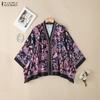 Women Casual V-Neck 3/4 Sleeve Loose Print Beach Cover Up Blouse