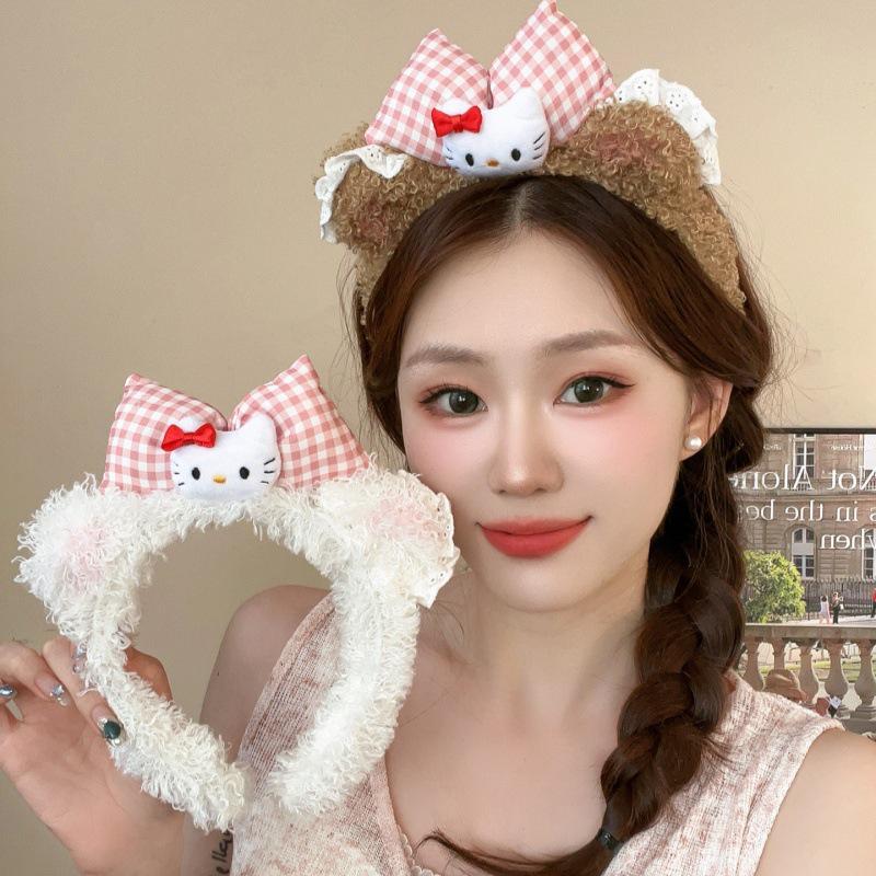 Cute KT Cat Bow Plush Headband for Women, Photo Hair Clip, High Top Headband, Face Washing Accessory