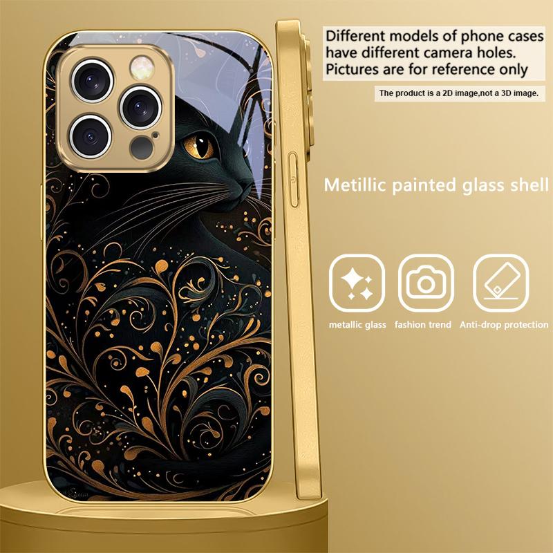Fantastic Black Cat For IPhone 17Pro Max 16 17 Pro 15 Pro 14 13 Plus 12 Mini 11Pro Max XR 16E 17 Air Golden Glass Phone Case