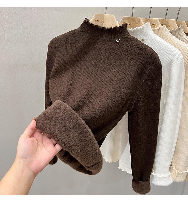 Women's Velvet Half-High Collar Sweater: Solid Color, Warm, Slim-Fit, Autumn/Winter Style, Simple & Soft Knitted Base Layer.