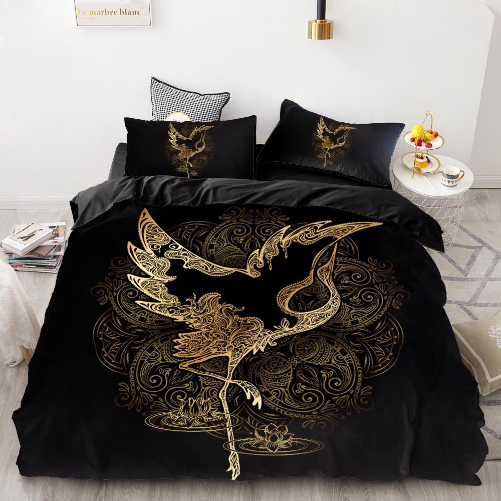 3D HD Digital Printing Bedding Set,Black Duvet Cover Set Queen Cal King,Bedclothes Golden Dragonfly Drop Shipping
