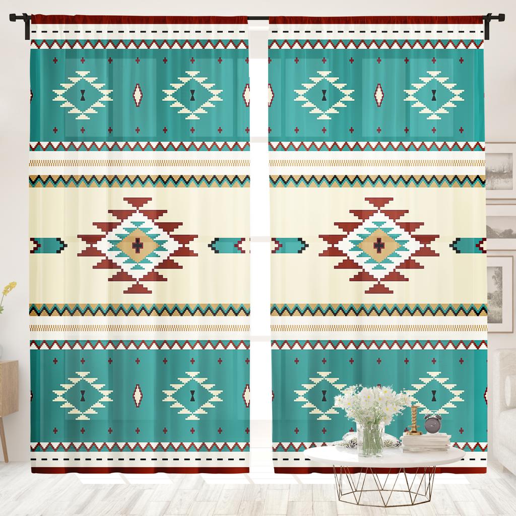 2 Stück, Retro-Vorhänge im geometrischen Ethno-Stil mit Aztekenmotiv – halbtransparent – geeignet für Wohnzimmer, Schlafzimmer, Küche, Heimdekoration