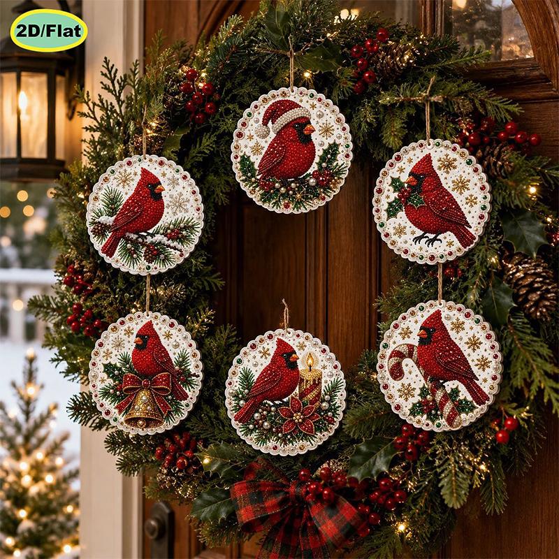 6pcs DIY Pearl Diamond Painting 2D Combination Set Animal Pattern Wooden Christmas Tree Pendant Holiday Party Artware Decoration