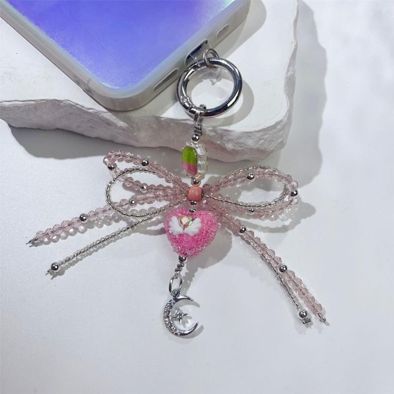 Delicate Bowknot Pendant Keychain Crystal Bead Phone Charm Heart Bows Phone Lanyard Keyring Decoration for Bag Backpack