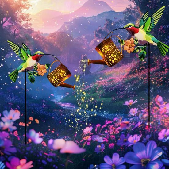 Solar Watering Can Garden Light Metal Hollow-Out Hummingbird Decorative Light Outdoor Spike Lamp for Lawn Pathway