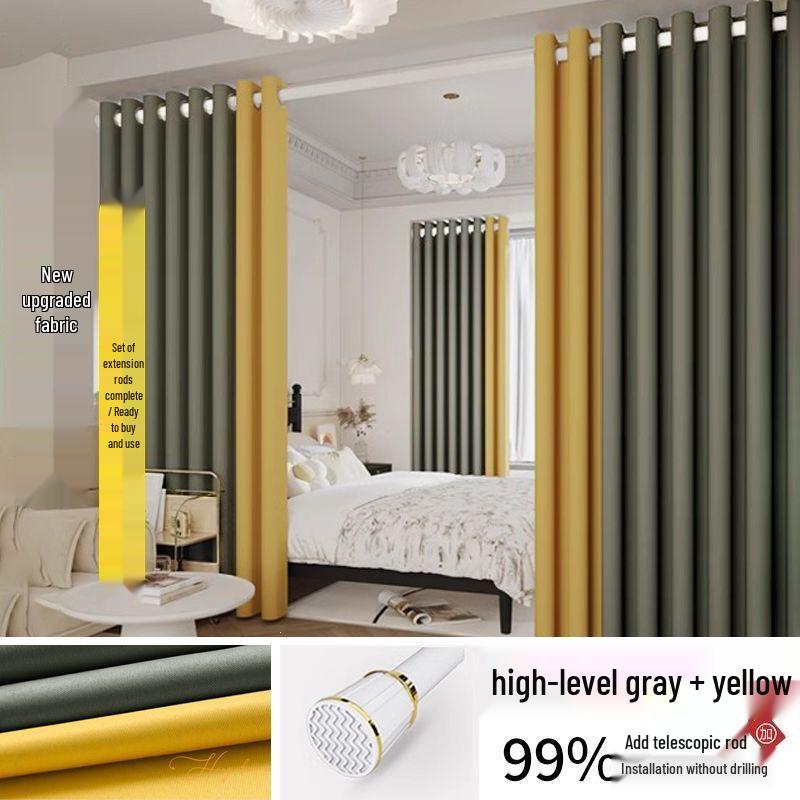 Telescopic No-Punch Curtain Set: Blackout, Heat Insulation, Sun Protection for Bedroom, Living Room, Balcony, Rental Partition