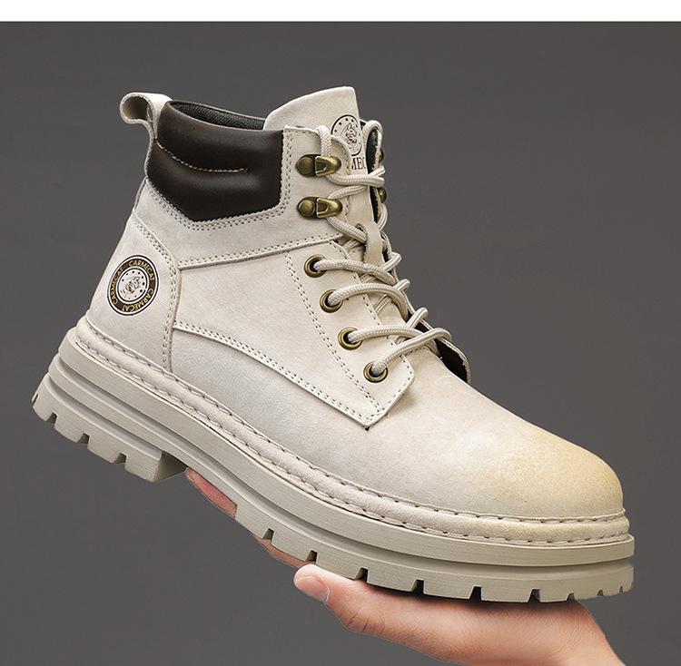 Putian Men's Genuine Leather Warm Fleece-Lined Martin Boots, Yellow British-Style Ankle Workwear Boots