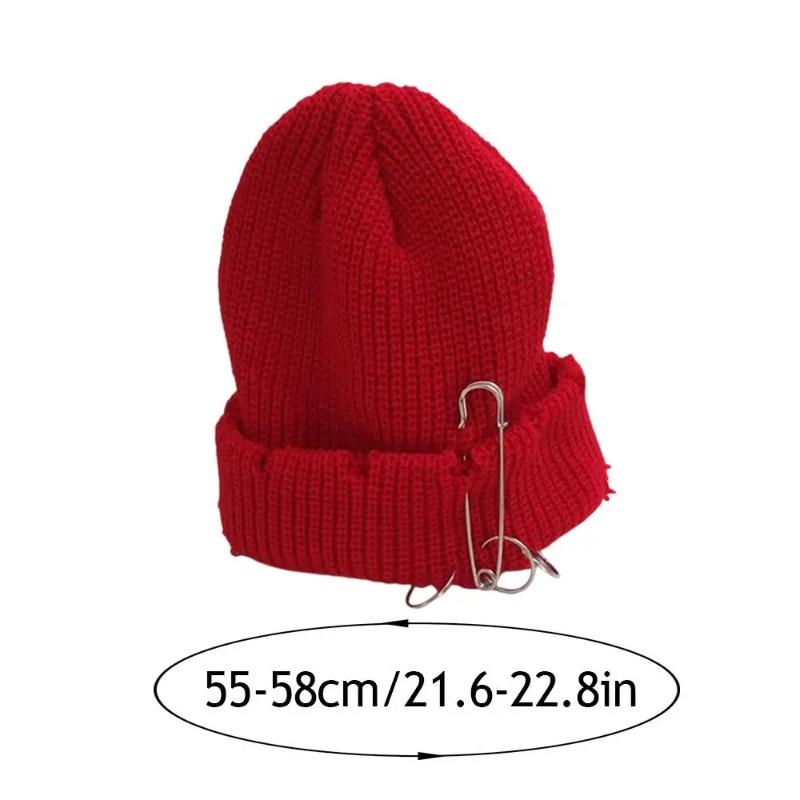 Unisex Warm Knitted Hats Hip Hop Beanies Cap Metal Pin Ring Brimless Hat Ripped Holes Edging Skullcap Hat Winter Caps