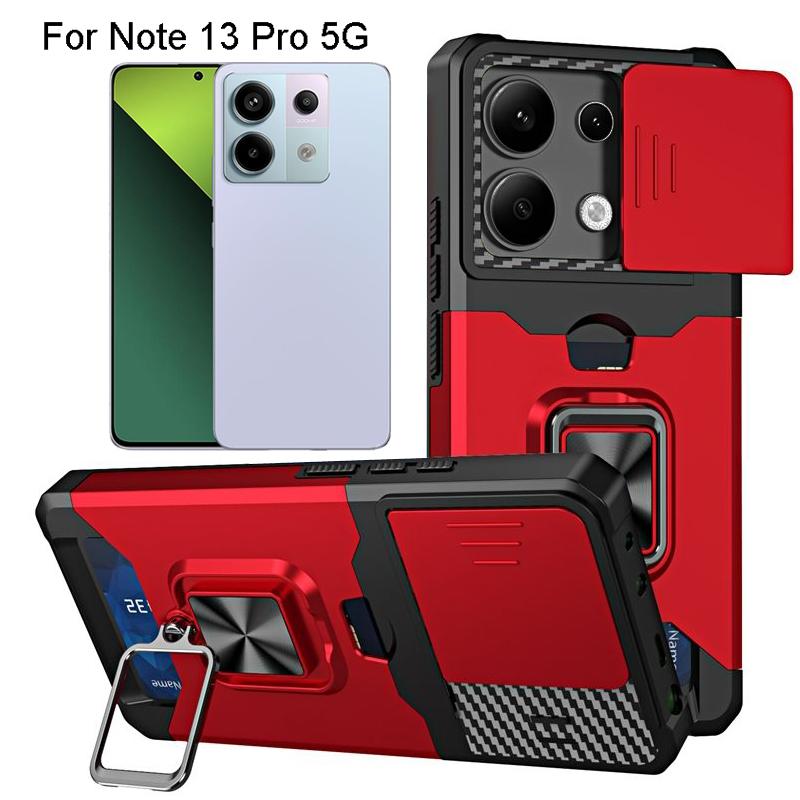 

Ударопрочный тяжелый жесткий чехол с металлической подставкой и слотом для карт для Xiaomi Redmi Note 14 Pro Note 13 Pro Redmi Note 13 Pro (5G) красный