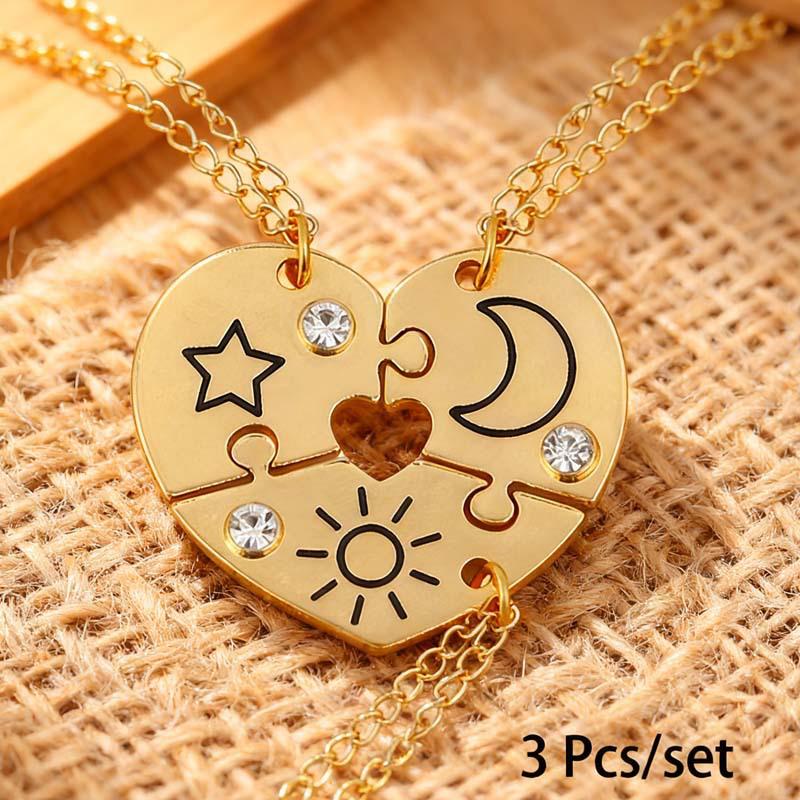 Sun Moon Stars Patchwork BFF Heart Necklace for Best Friends Forever