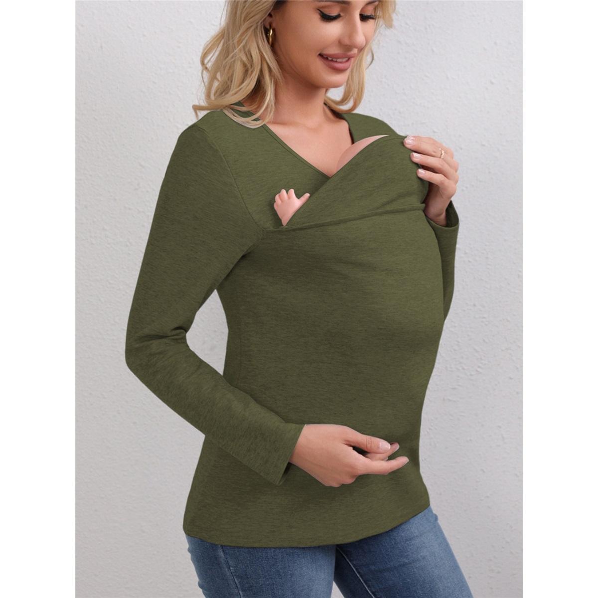 

Женская футболка с длинным рукавом, V-образным вырезом, из чистого хлопка, утолщенная, многофункциональная футболка «Кенгуру-мама» L армия зеленый