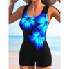 Summer Beach Pool Wear Flower Pattern Printed One Piece Boy Short Swimsuit Women Athletic Slim Fit Bathing Suit
