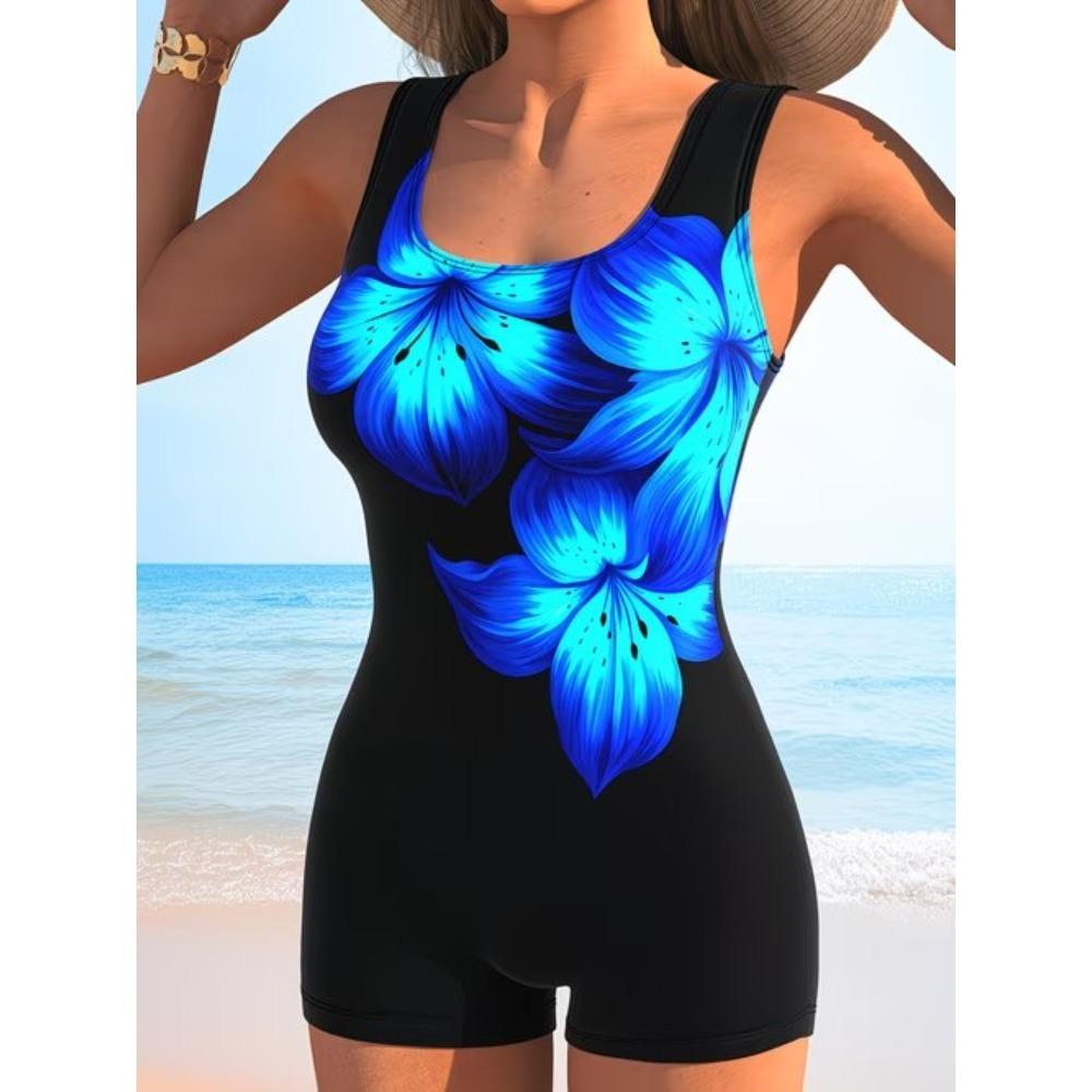 Summer Beach Pool Wear Flower Pattern Printed One Piece Boy Short Swimsuit Women Athletic Slim Fit Bathing Suit