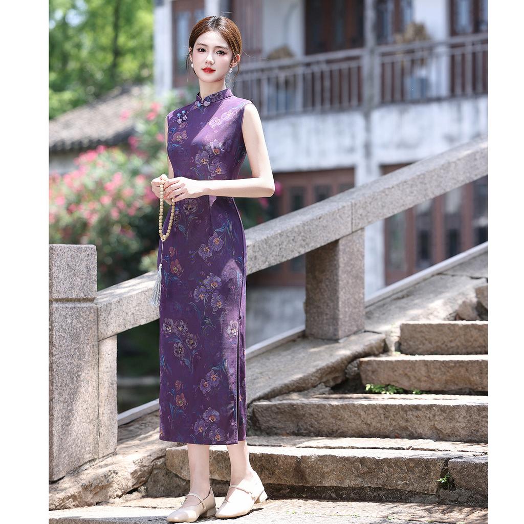 New Chinese cheongsam 1011 new women's sleeveless purple young summer retro waist pinch dress college entrance examination